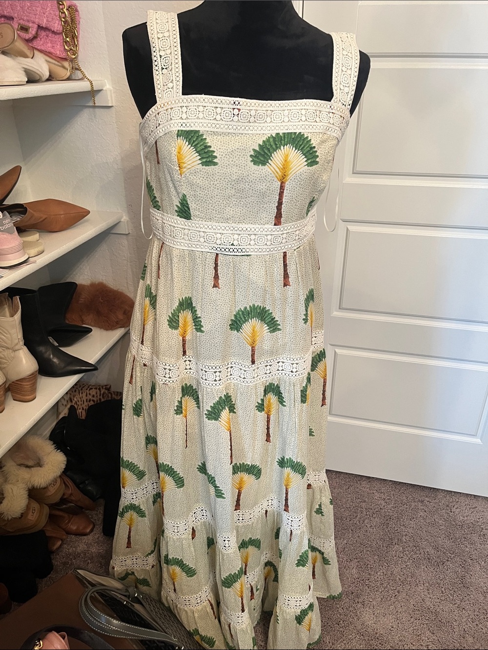 Cream Palm-Print Sundress with Lace Trim